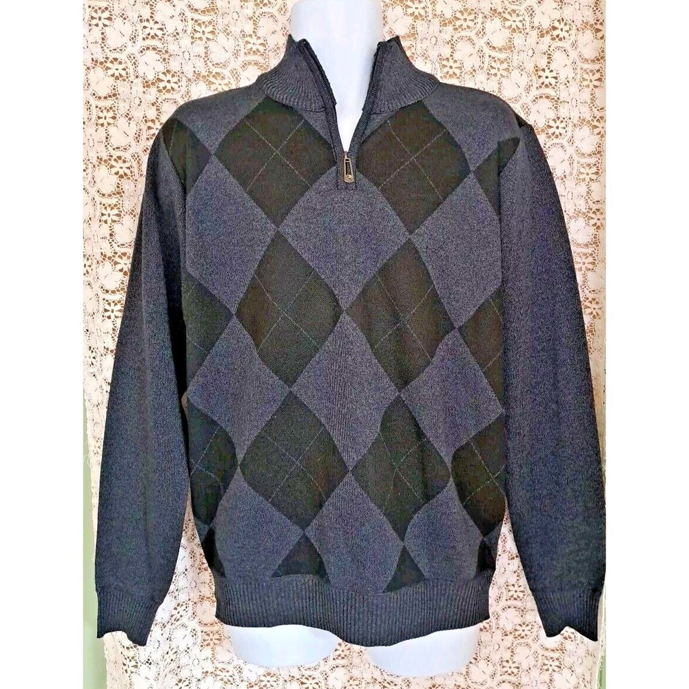 Men's Lg. Sweater Long Sleeve Blue/Black‎ Argyle 1/4 Zip Grandpa Core Unbranded